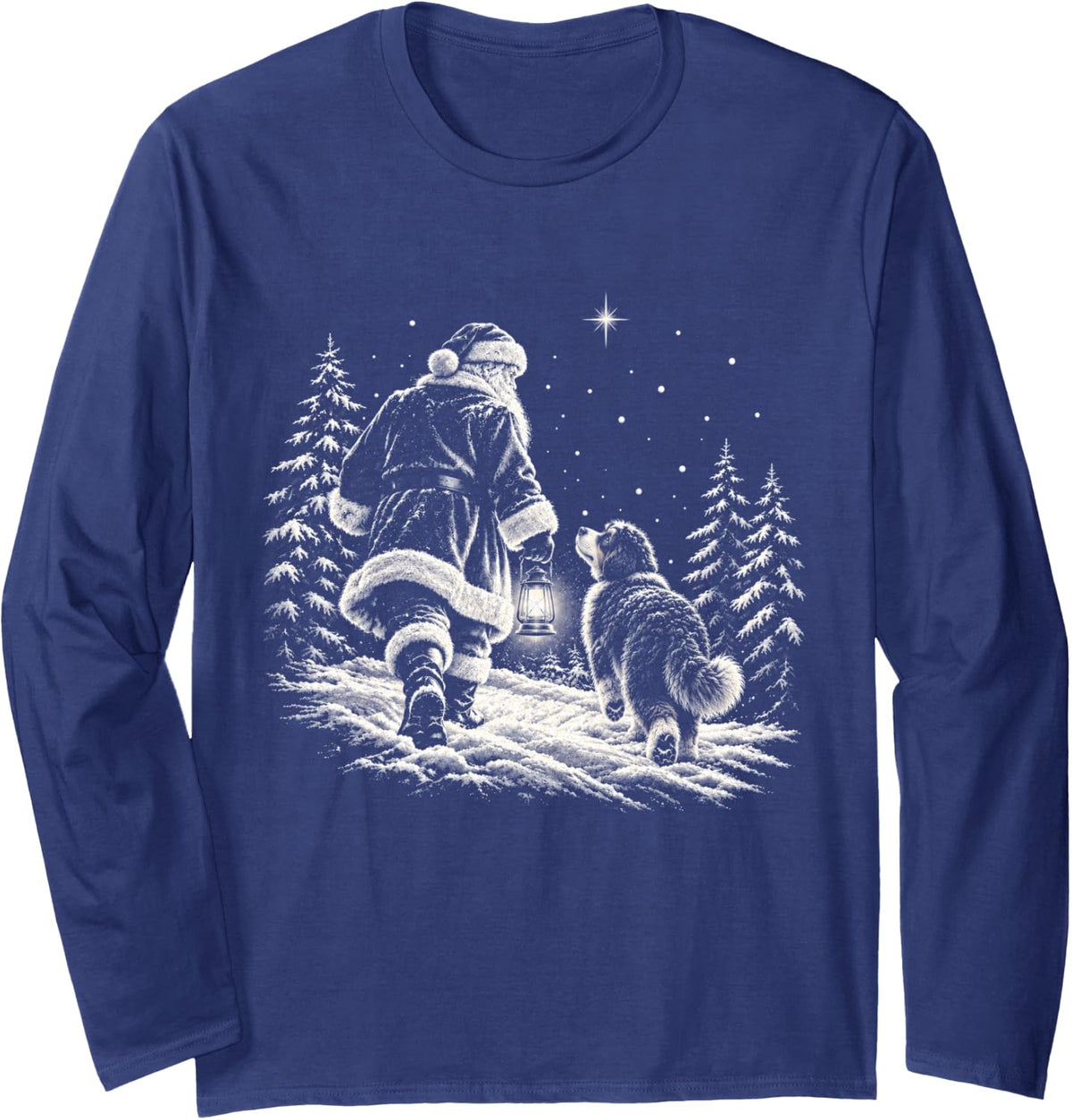 Bernedoodle Christmas Dog Walking with Santa Holiday Dog Long Sleeve T-Shirt - Adult Unisex Navy Blue