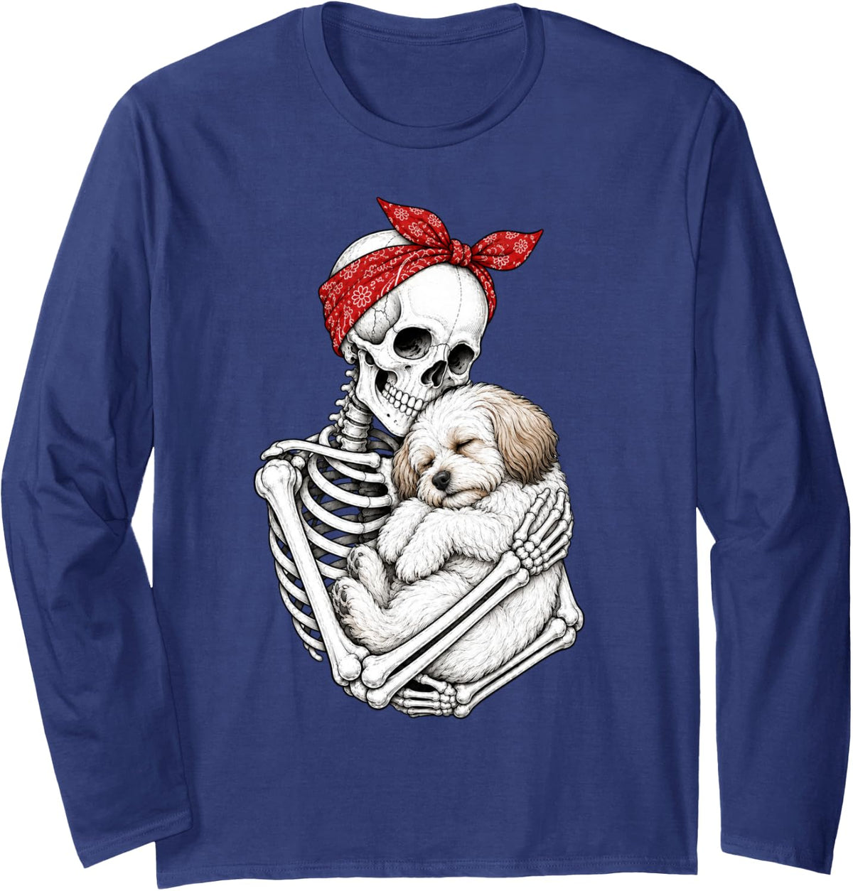 Skeleton Holding Havanese Dog Funny Lazy Halloween Costume Long Sleeve T-Shirt - Adult Unisex Navy Blue