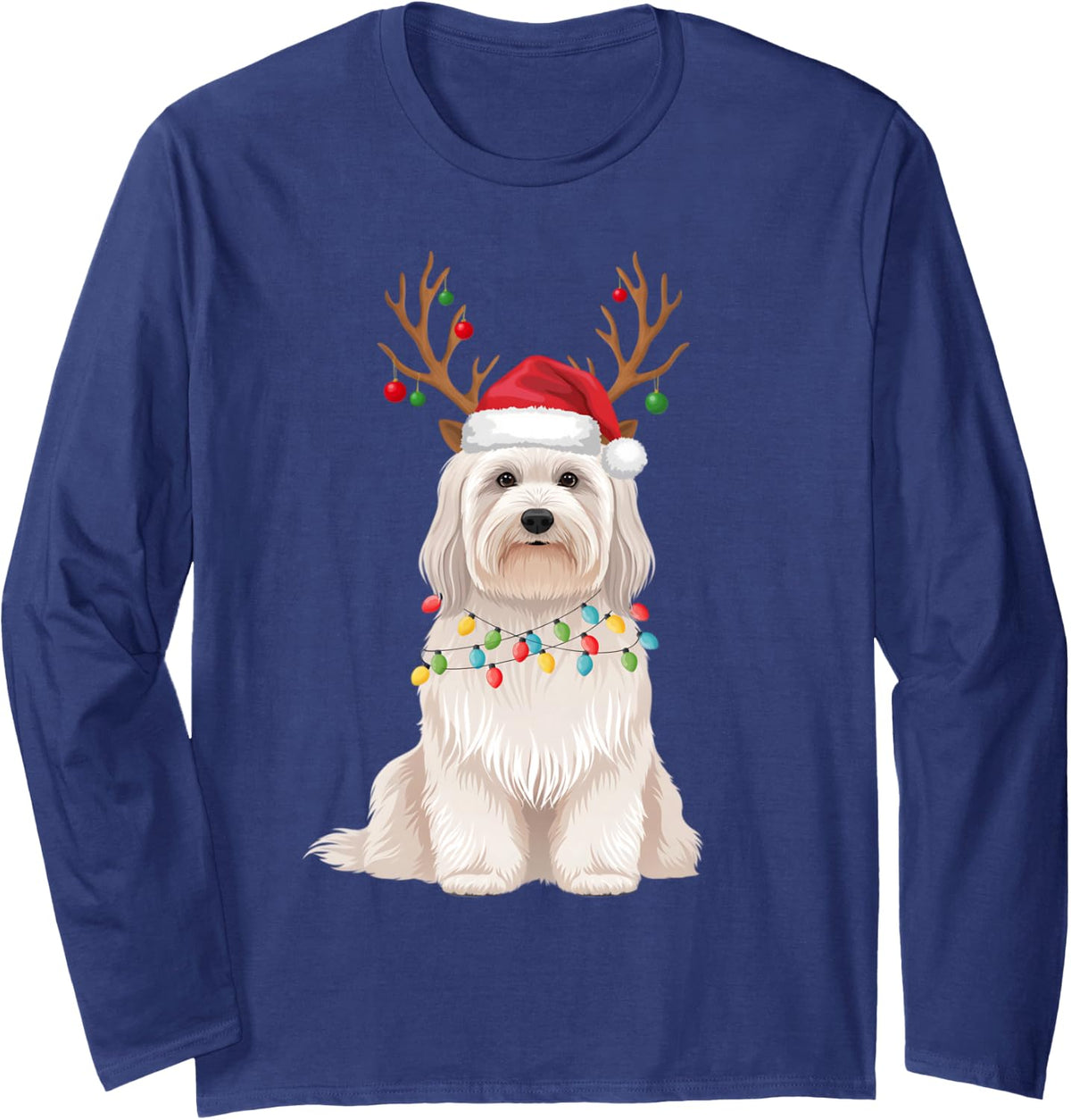 Havanese Santa Hat Reindeer Ornaments Dog Mom Dad Long Sleeve T-Shirt - Adult Unisex Navy Blue