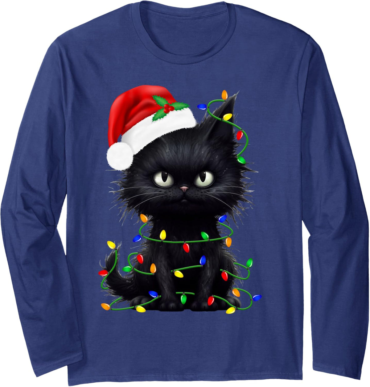Retro Black Cat Christmas Light Funny Cat Men Women Kids Long Sleeve T-Shirt - Adult Unisex Navy Blue