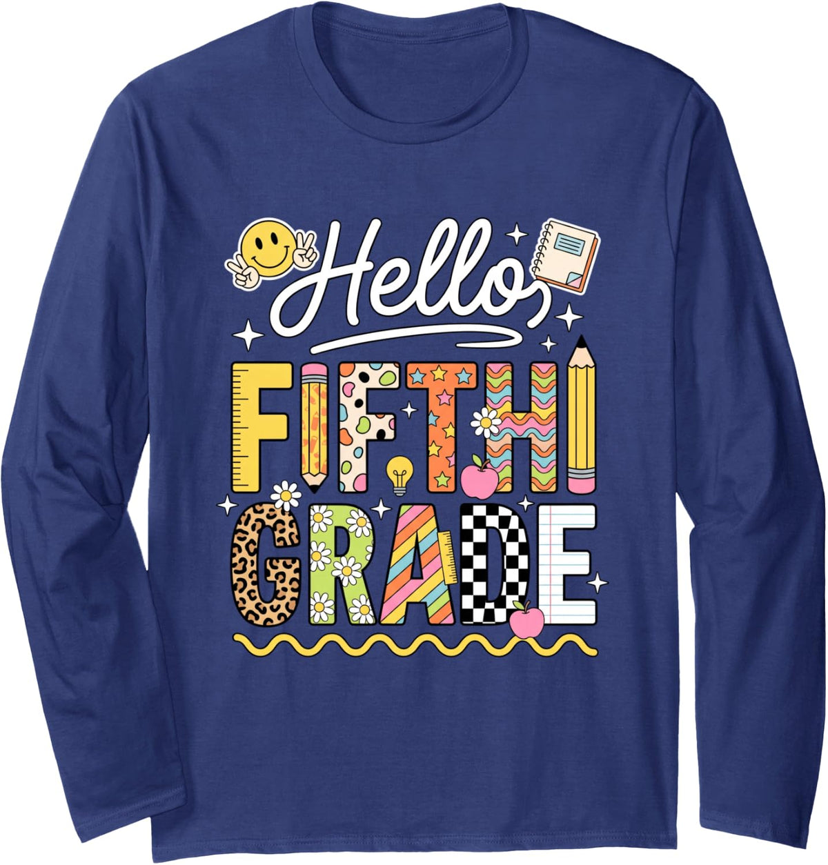 Hello Fifth Grade Back to School Student Teacher Kids Long Sleeve T-Shirt - Adult Unisex Navy Blue