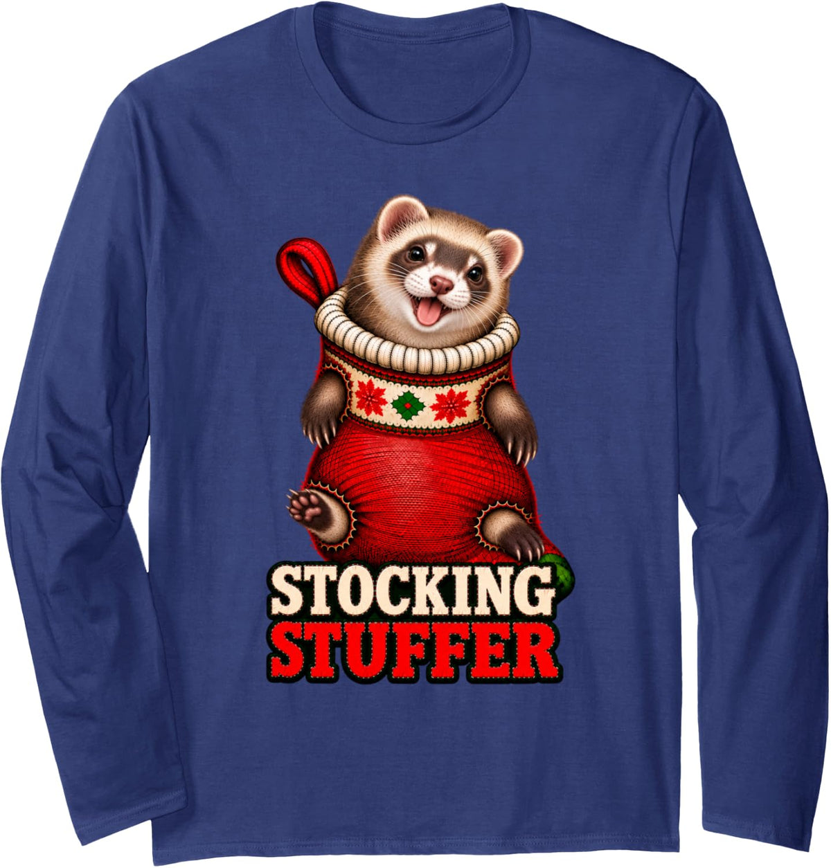 Ferret Christmas Stocking Stuffer Long Sleeve T-Shirt - Adult Unisex Navy Blue