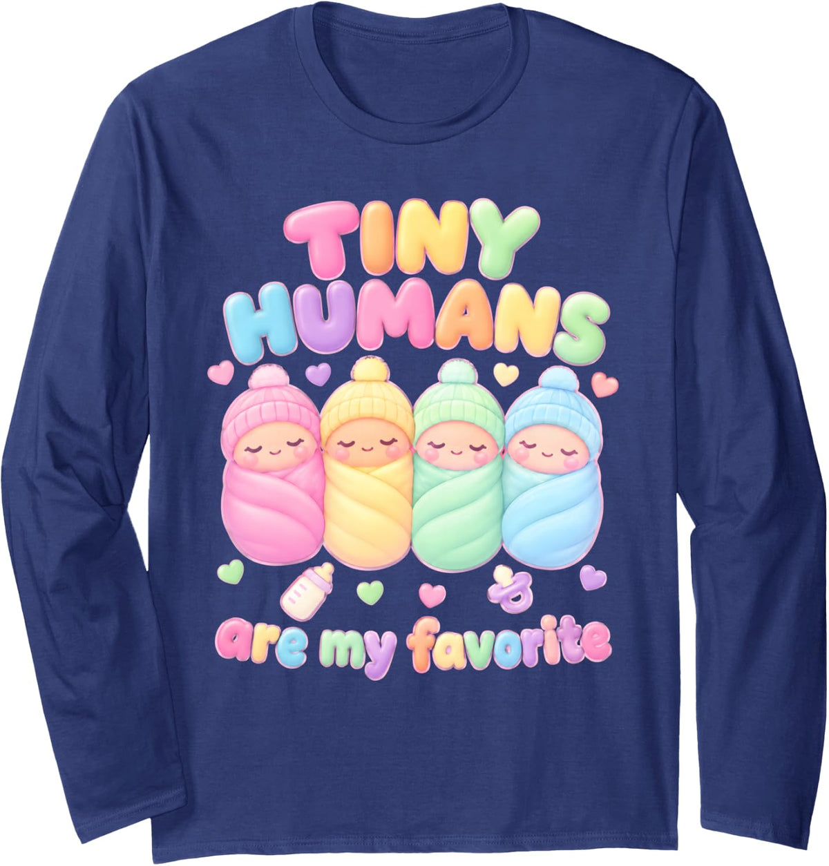 Tiny Humans are My Favorite NICU Nurse Kawaii Neonatal RN Long Sleeve T-Shirt - Adult Unisex Navy Blue