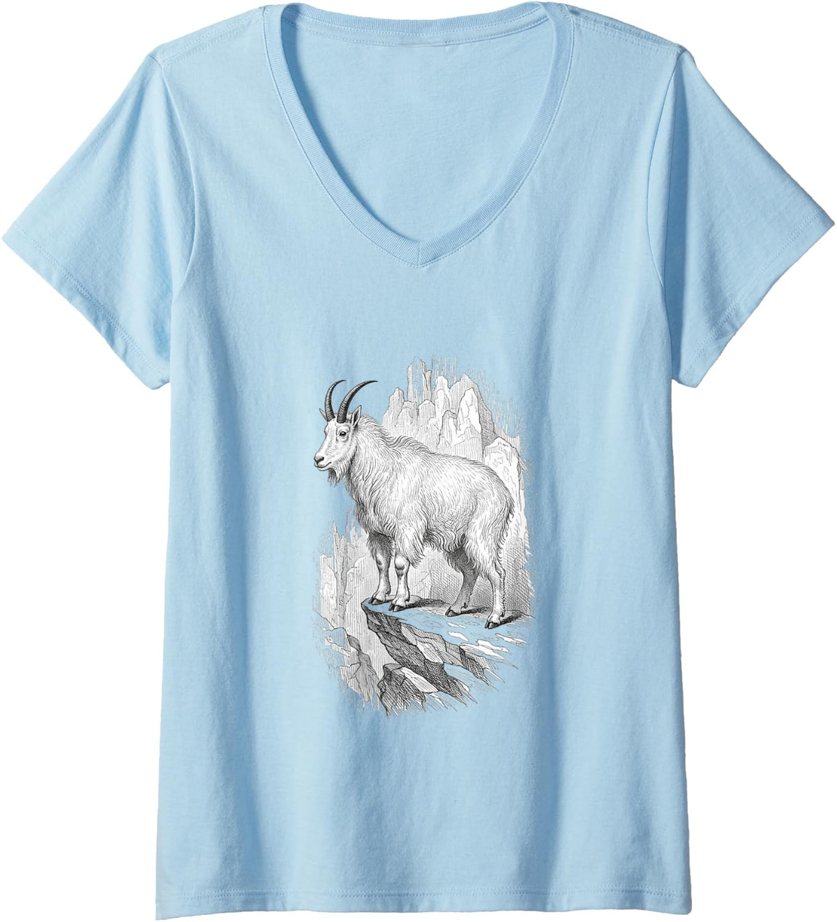 Women's Mountain Goat Standing Rocky Alpine Precipice Art Graphic V-Neck T-Shirt - Baby Blue
