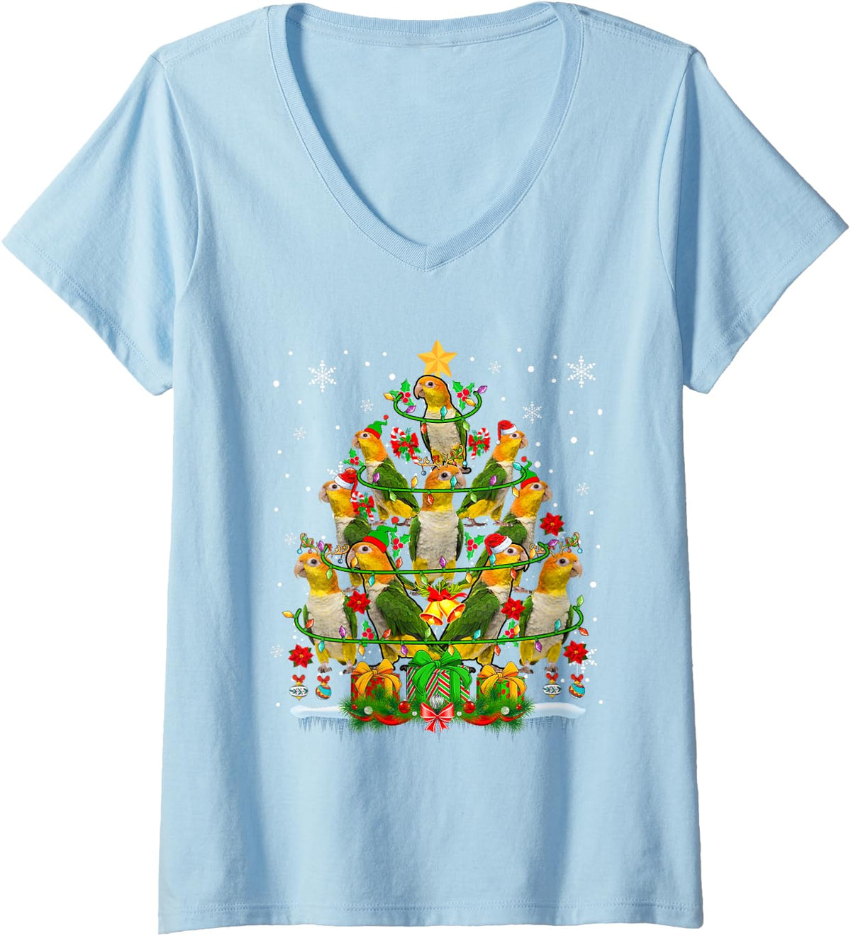 Women's Santa Reindeer Elf Caique Parrots Christmas Tree Bird Lover V-Neck T-Shirt - Baby Blue