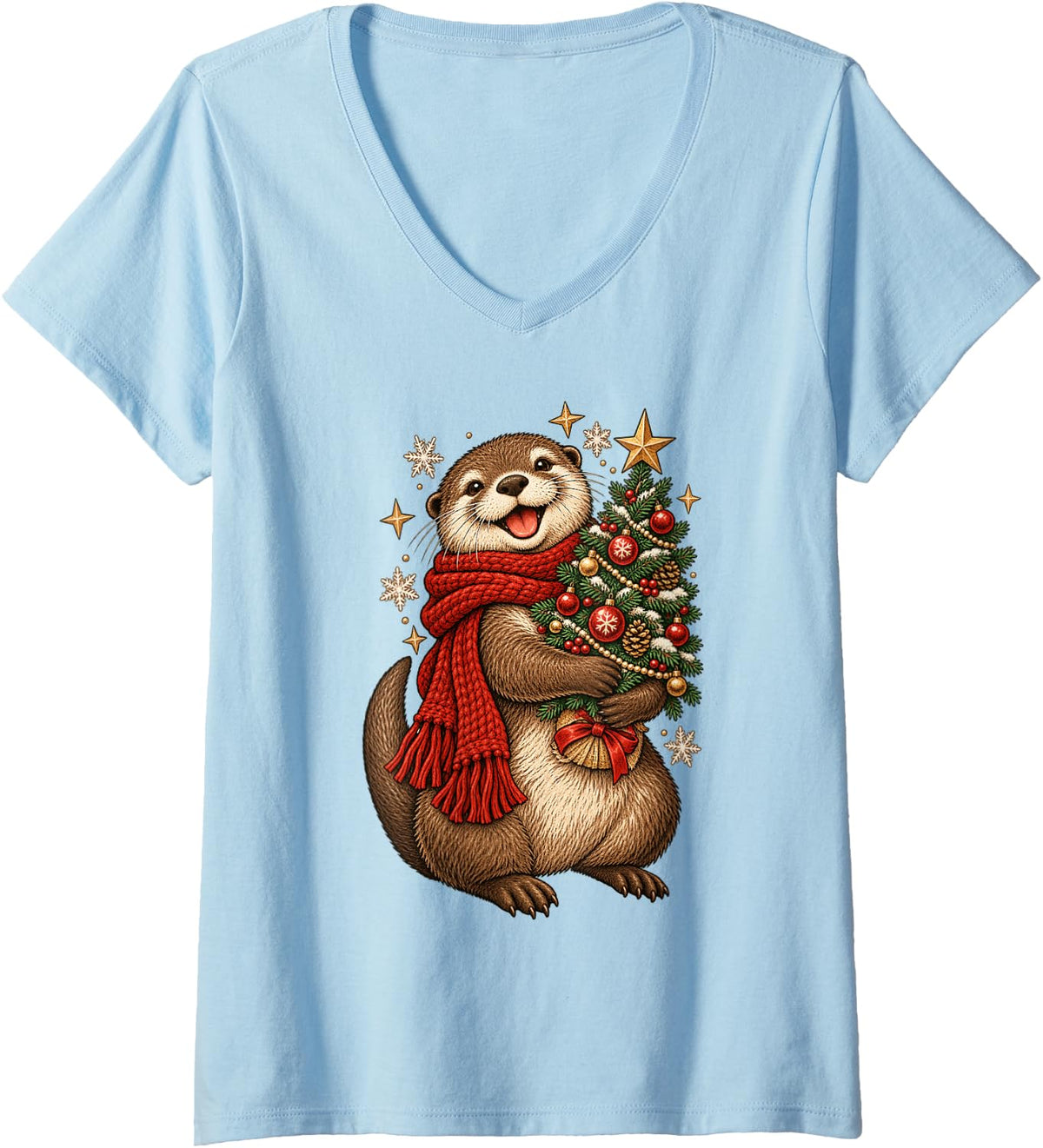 Women's Cute Christmas Otter Hugging Tree Cozy Winter Holiday V-Neck T-Shirt - Baby Blue