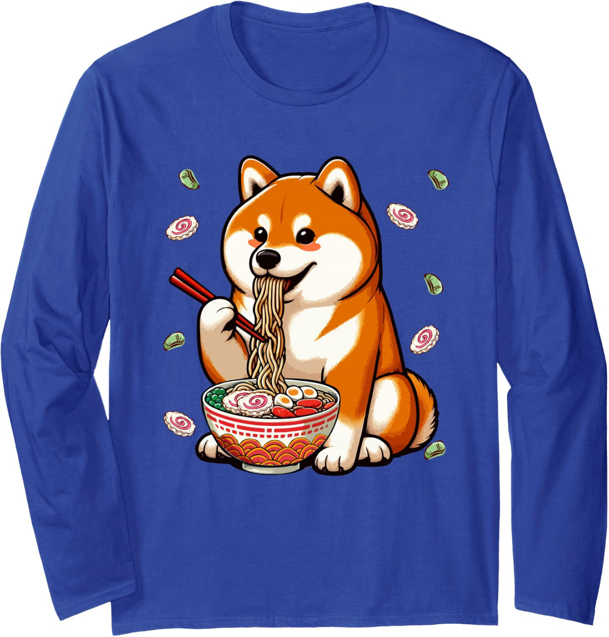 Shiba Inu Eating Ramen Costume Japan Noodle Food Lover Kids Long Sleeve T-Shirt - Adult Unisex Royal Blue