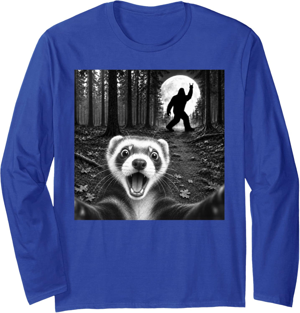 Ferret Selfie with Bigfoot Rock and Roll Sasquatch Long Sleeve T-Shirt - Adult Unisex Royal Blue
