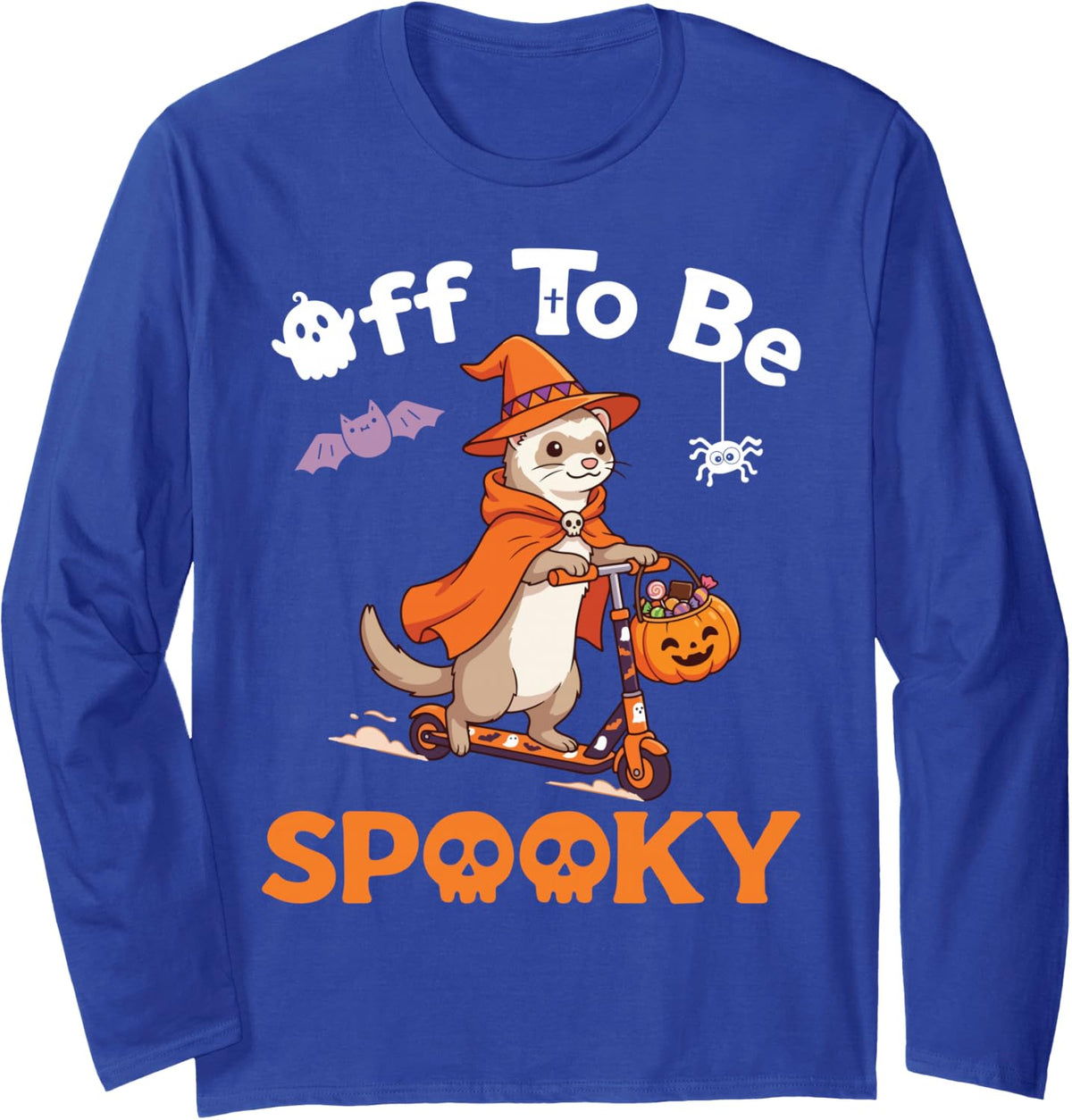 Off to Be Spooky Ferret Witch Riding Scooter for Halloween Long Sleeve T-Shirt - Adult Unisex Royal Blue