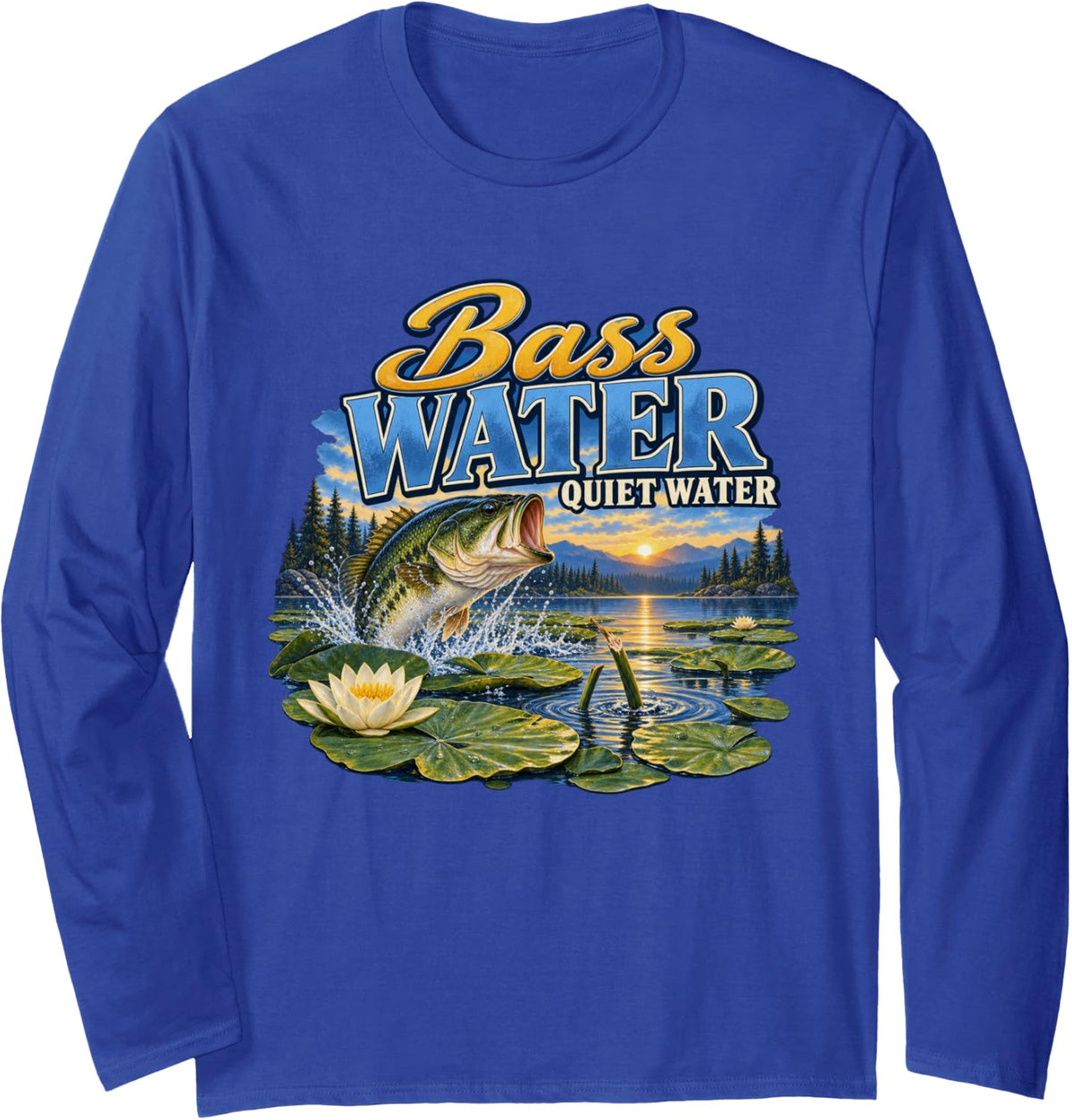Bass Water Quiet Water Fly Fishing Graphic Angler Long Sleeve T-Shirt - Adult Unisex Royal Blue