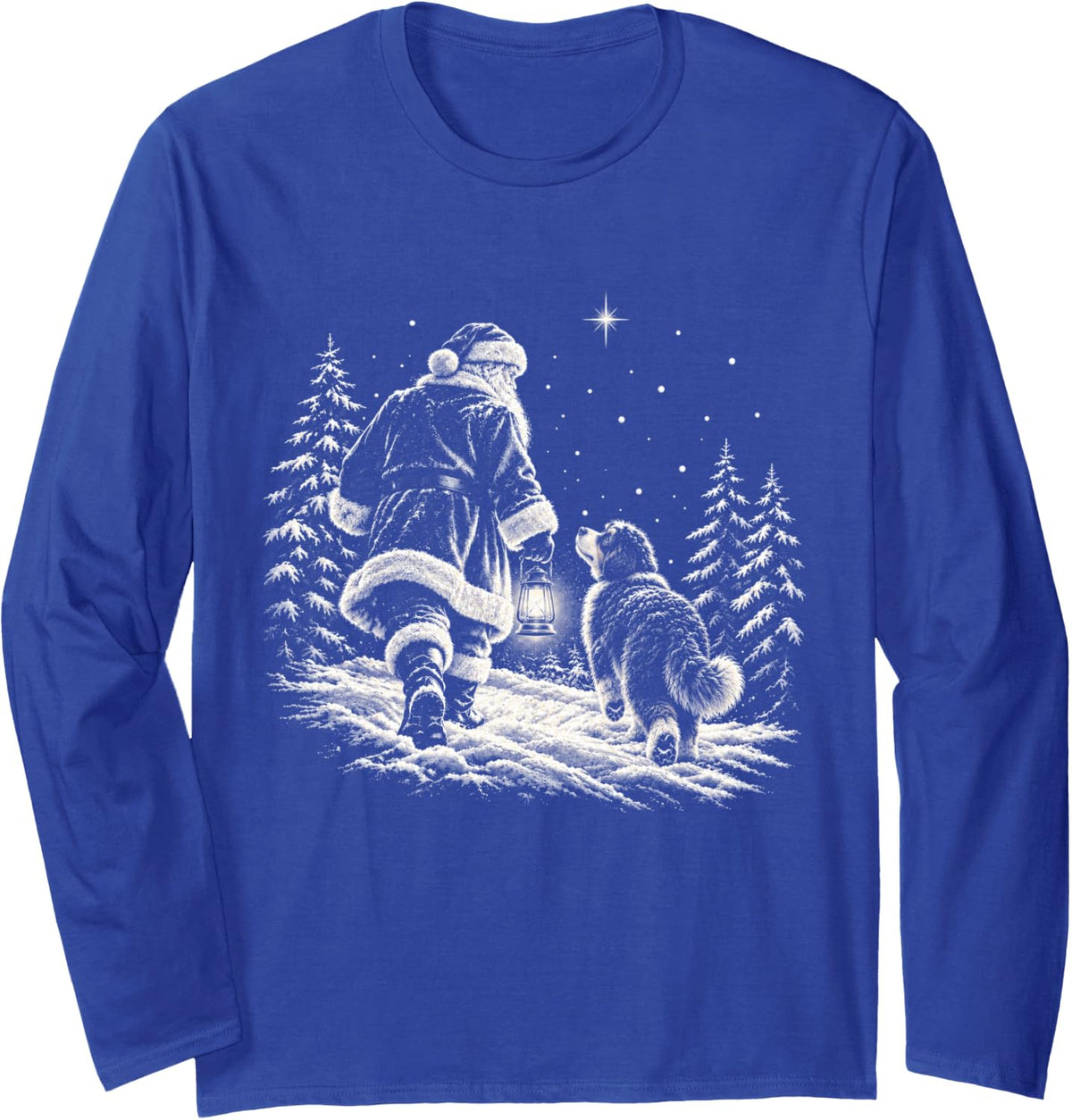 Bernedoodle Christmas Dog Walking with Santa Holiday Dog Long Sleeve T-Shirt - Adult Unisex Royal Blue