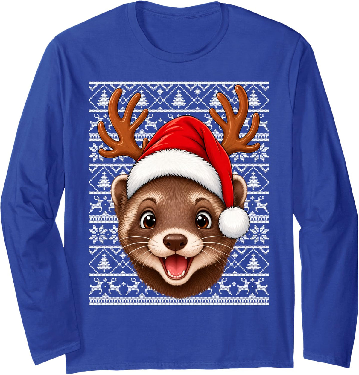 Ferret Christmas Santa Hat Ugly Sweater Cute Ferret Xmas Long Sleeve T-Shirt - Adult Unisex Royal Blue