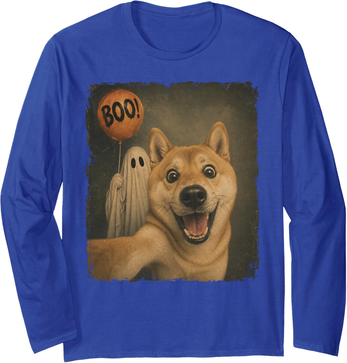 Shiba Inu Halloween Ghost Selfie Boo Dog Meme Graphic Funny Long Sleeve T-Shirt - Adult Unisex Royal Blue