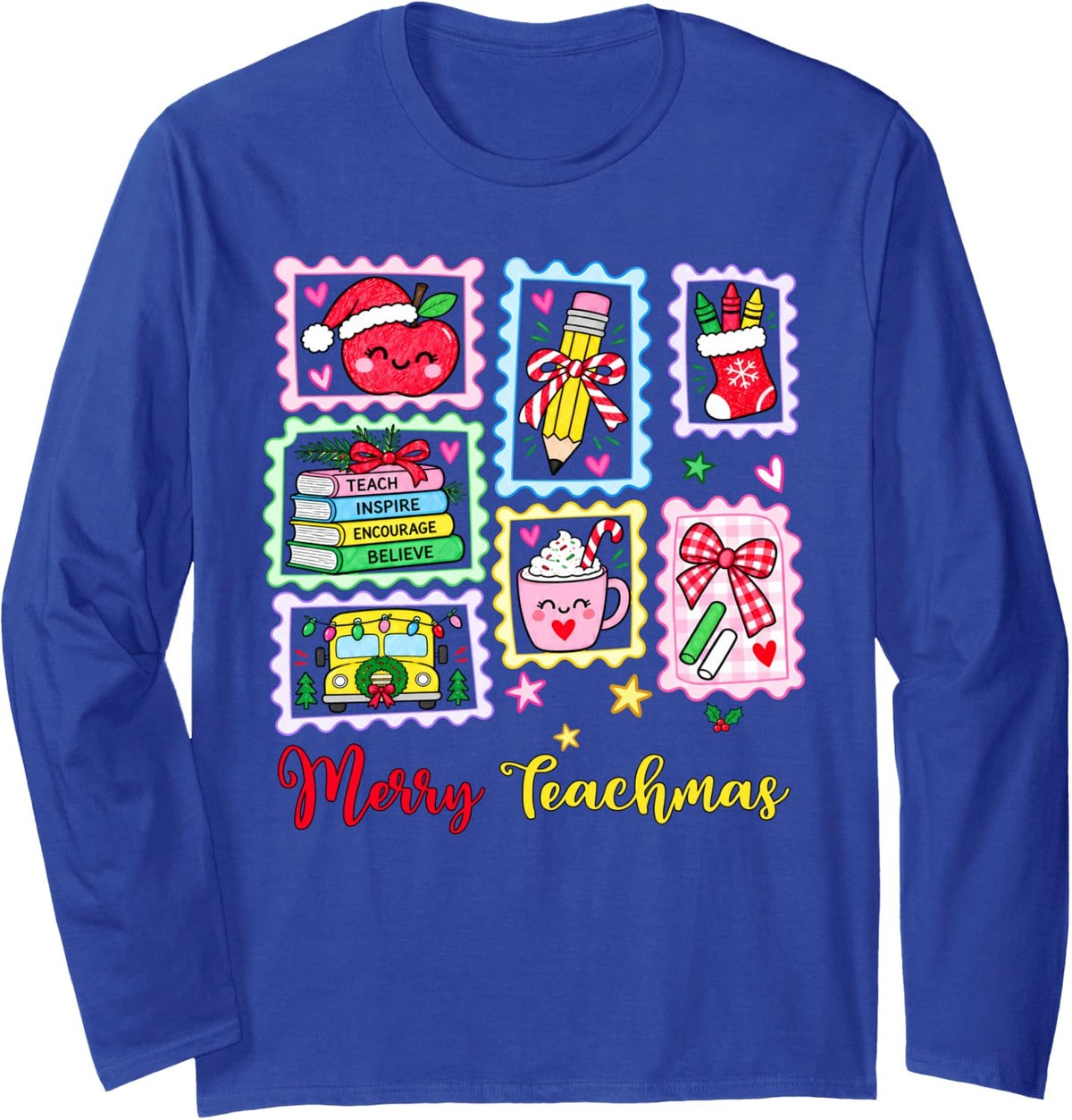 Merry Teachmas Santa Stamps Xmas Women Men Kids Long Sleeve T-Shirt - Adult Unisex Royal Blue