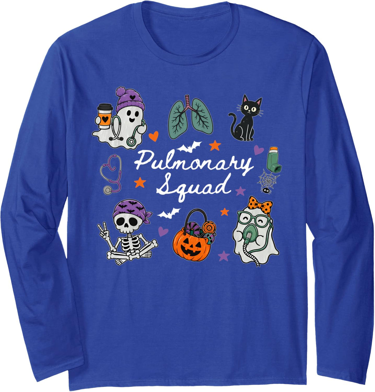 Pulmonary Squad Halloween Spooky Respiratory Therapist Ghost Long Sleeve T-Shirt - Adult Unisex Royal Blue