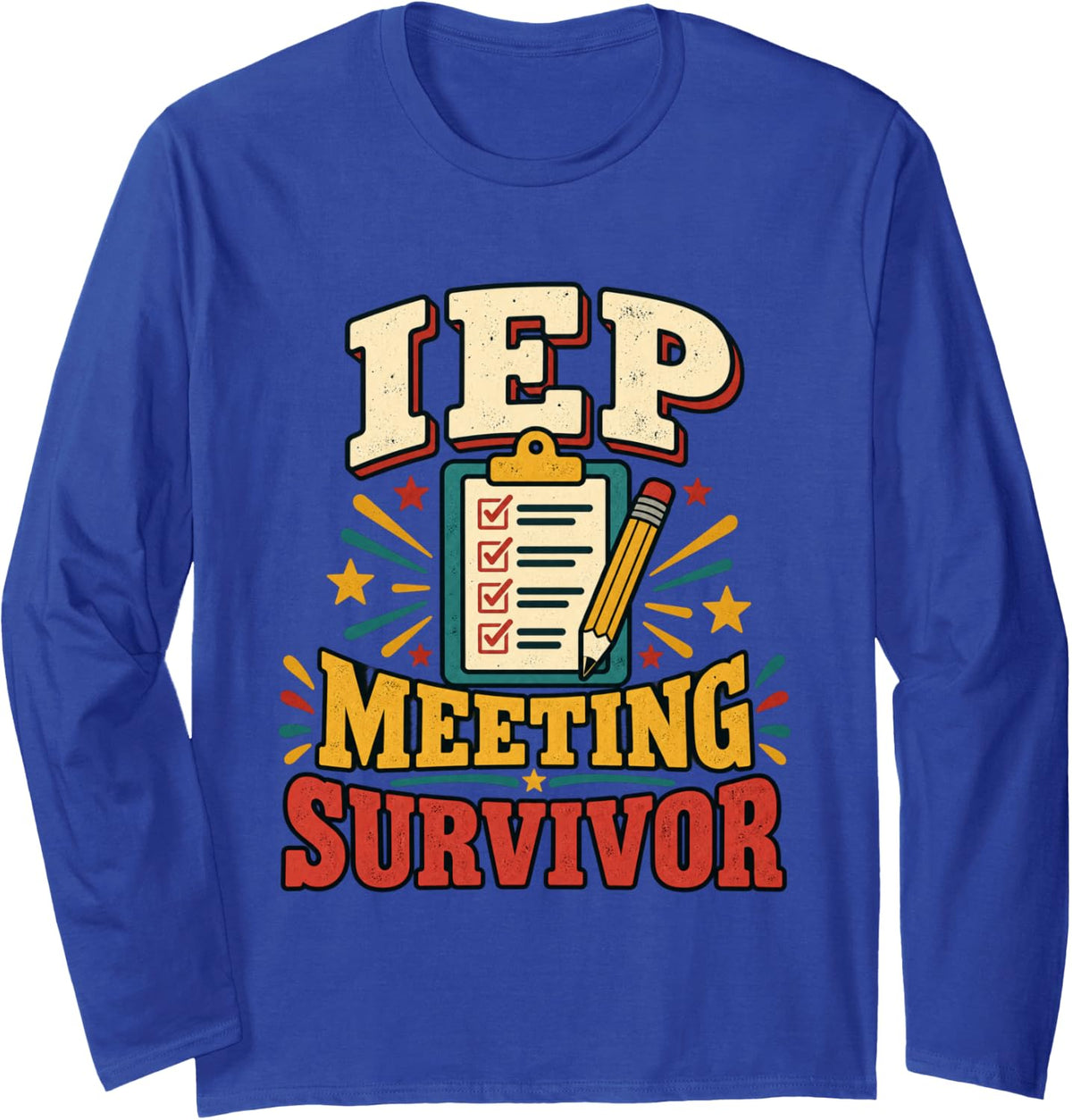 IEP Meeting Survivor Checklist Retro SPED Teacher Humor Long Sleeve T-Shirt - Adult Unisex Royal Blue