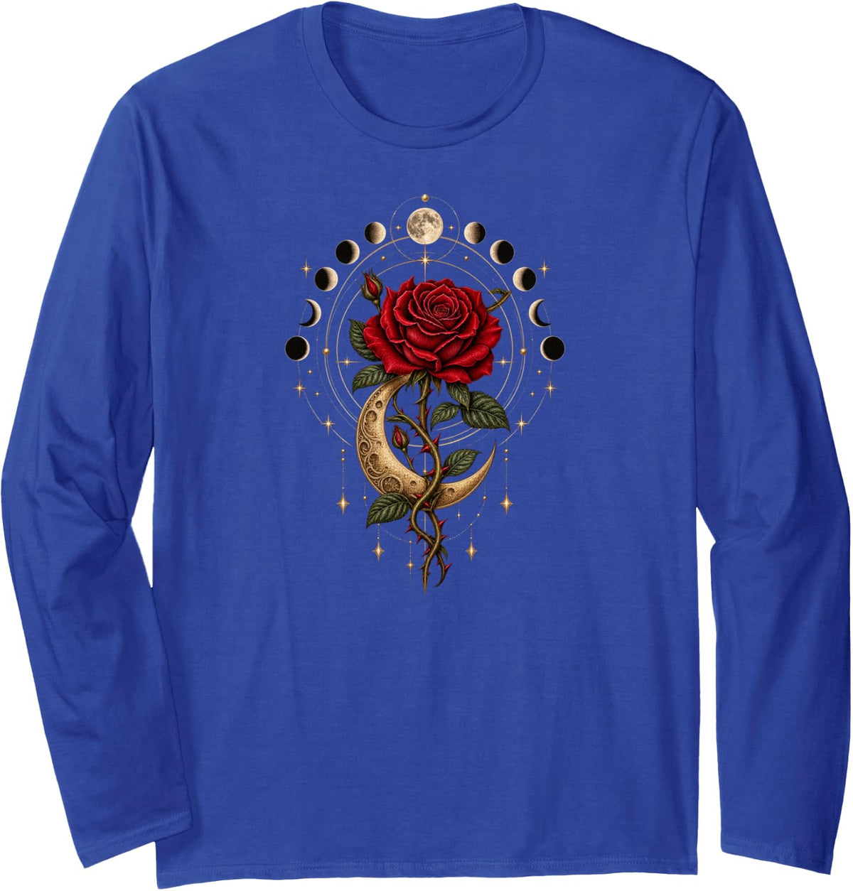 Red Goth Rose Crescent Moon Lunar Phases Celestial Botanical Long Sleeve T-Shirt - Adult Unisex Royal Blue