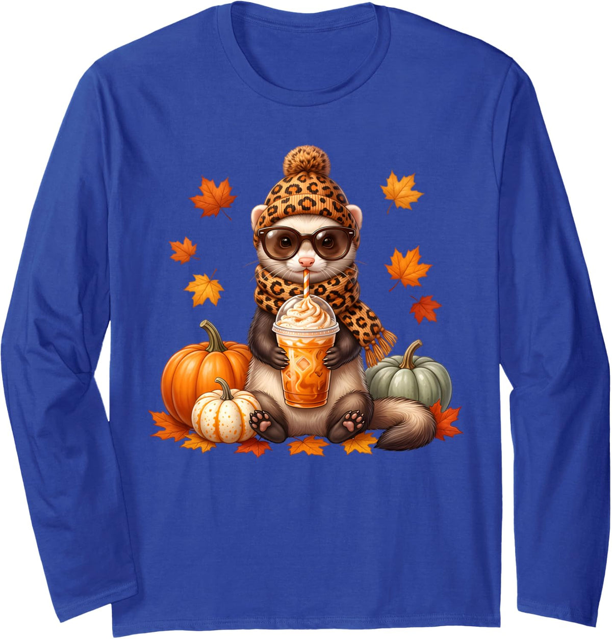 Autumn Pumpkin Fall Ferret Thanksgiving Womens Mens Kids Long Sleeve T-Shirt - Adult Unisex Royal Blue
