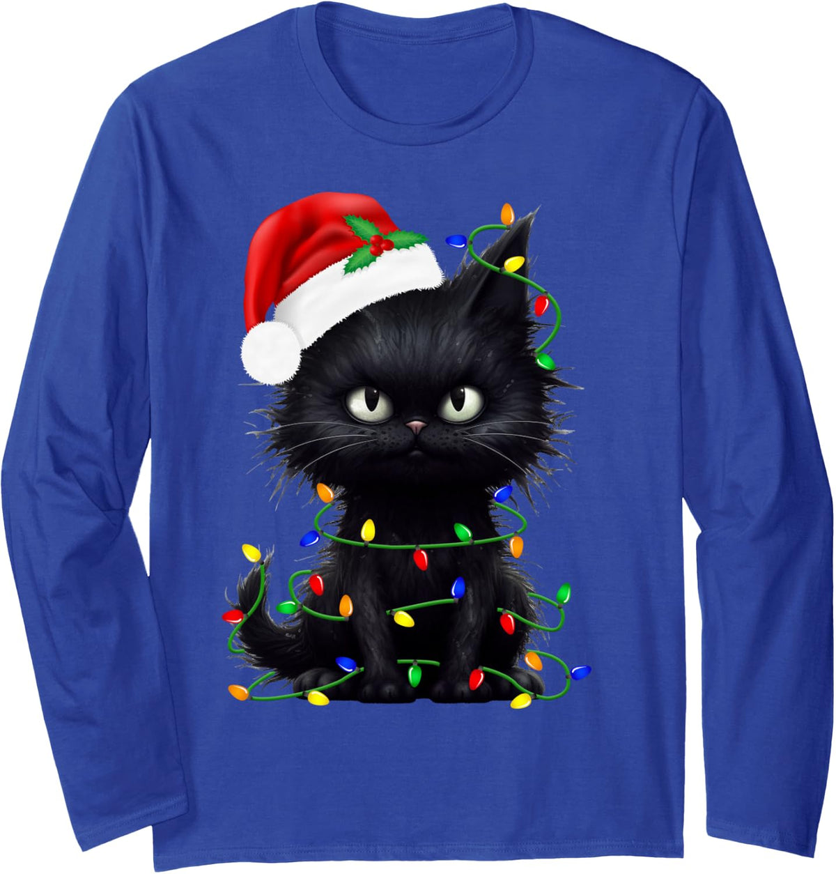Retro Black Cat Christmas Light Funny Cat Men Women Kids Long Sleeve T-Shirt - Adult Unisex Royal Blue