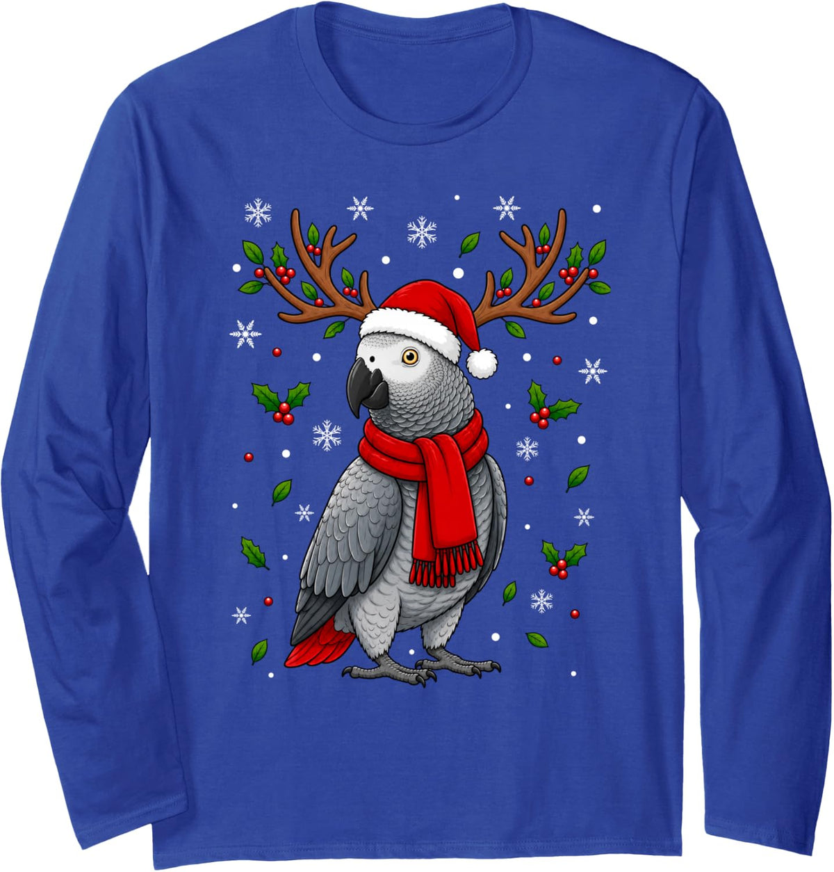 Cute Reindeer Santa Hat Grey Parrot Christmas Long Sleeve T-Shirt - Adult Unisex Royal Blue