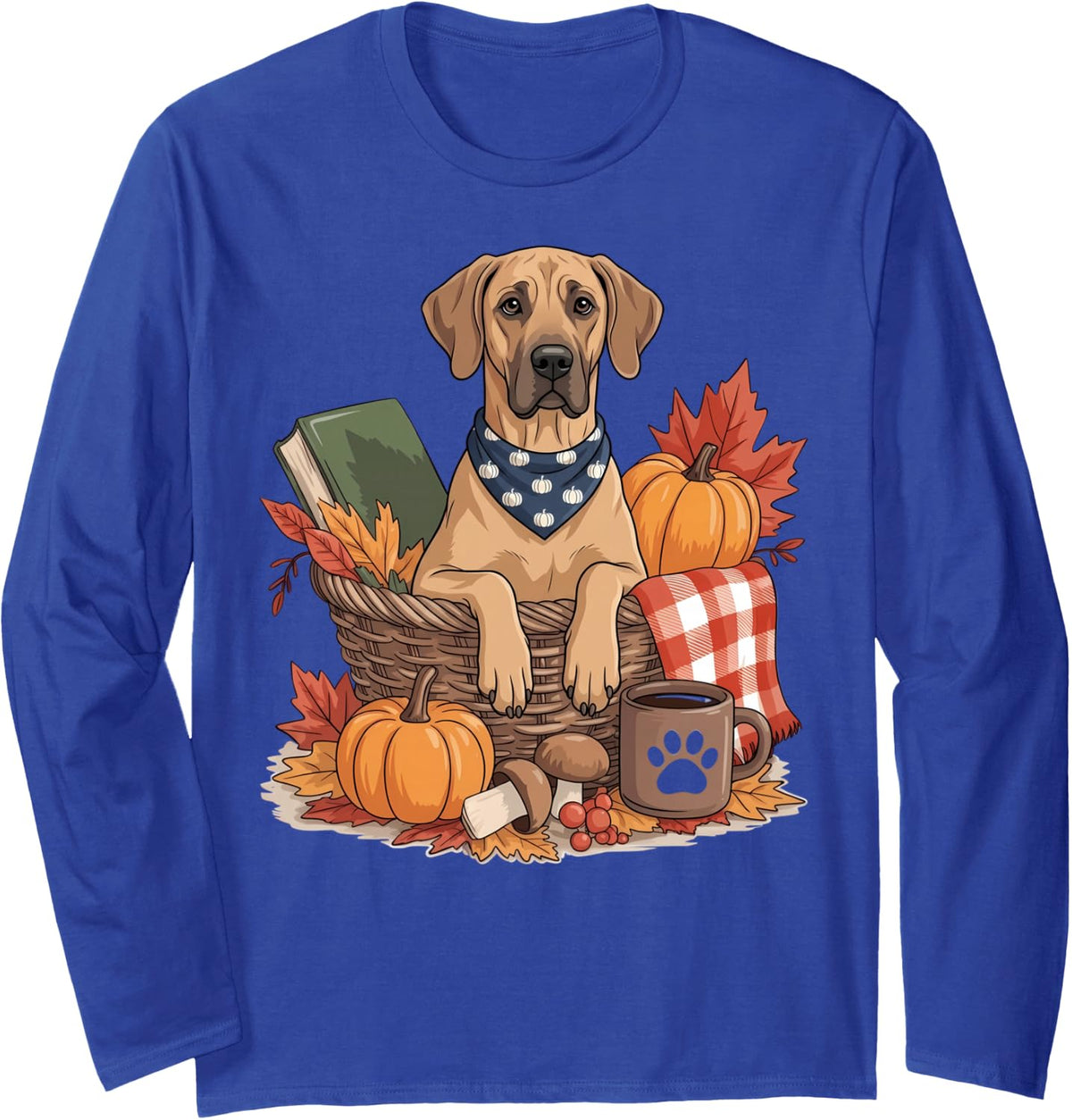 Great Dane Dog Fall Leaves Pumpkins Books and Autumns Long Sleeve T-Shirt - Adult Unisex Royal Blue