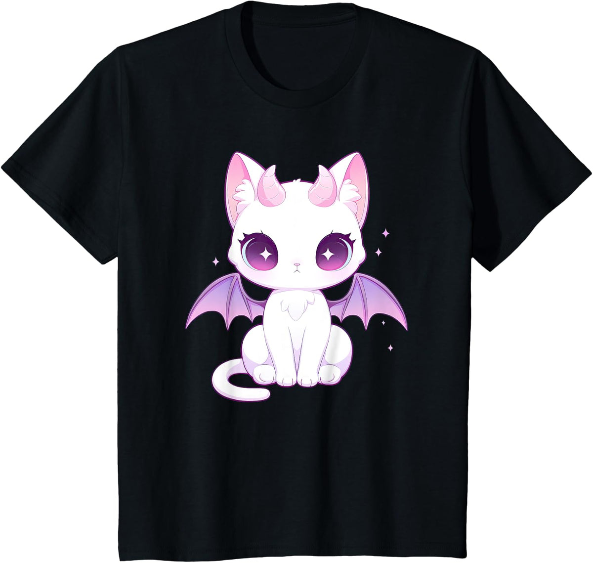 Kawaii Pastel Goth Creepy Cute Witchy Demon Winged Cat Men Women Kids T-Shirt - Black