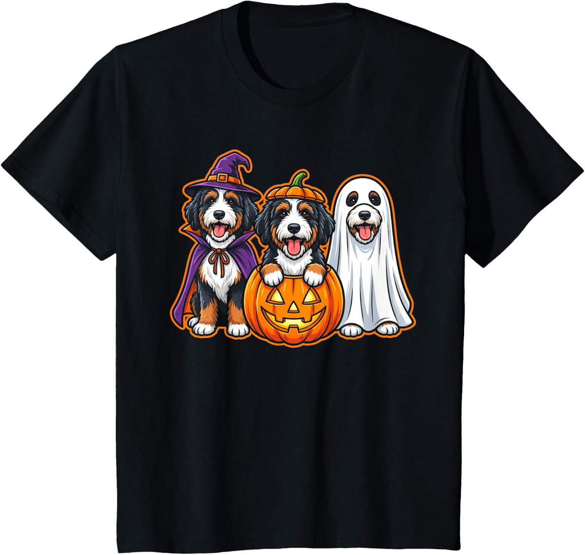 Bernedoodle Halloween Spooky Witch Pumpkin and Ghost Scary T-Shirt - Black