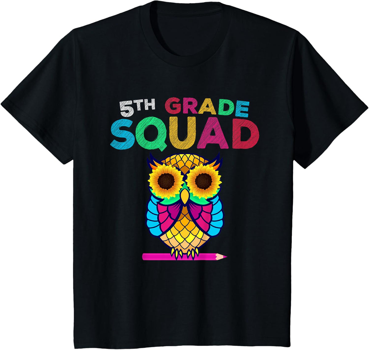 5th Grade Squad Sunflower Owl Fifth Grade Teacher T-Shirt - Black