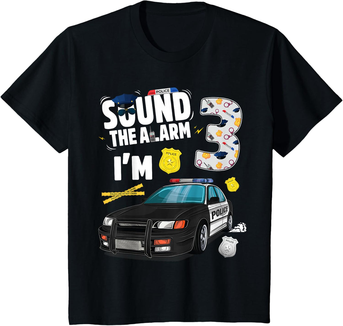 Kids Police Car 3rd Birthday Boy 3 year old Cop Policeman Officer T-Shirt - Black