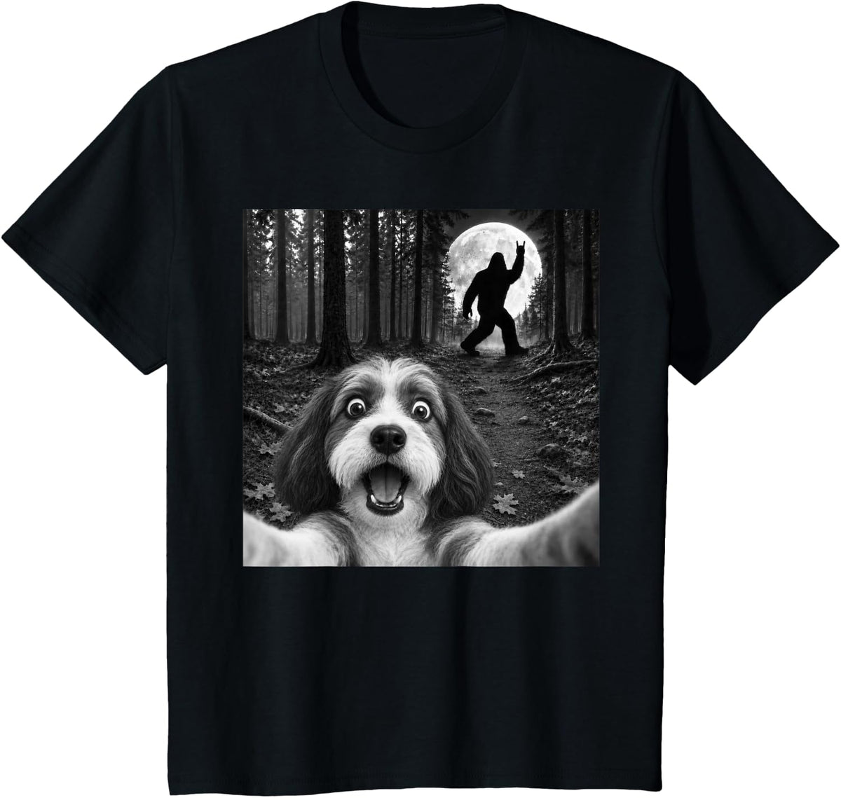 Havanese Selfie with Bigfoot Rock and Roll Dog Sasquatch T-Shirt - Black