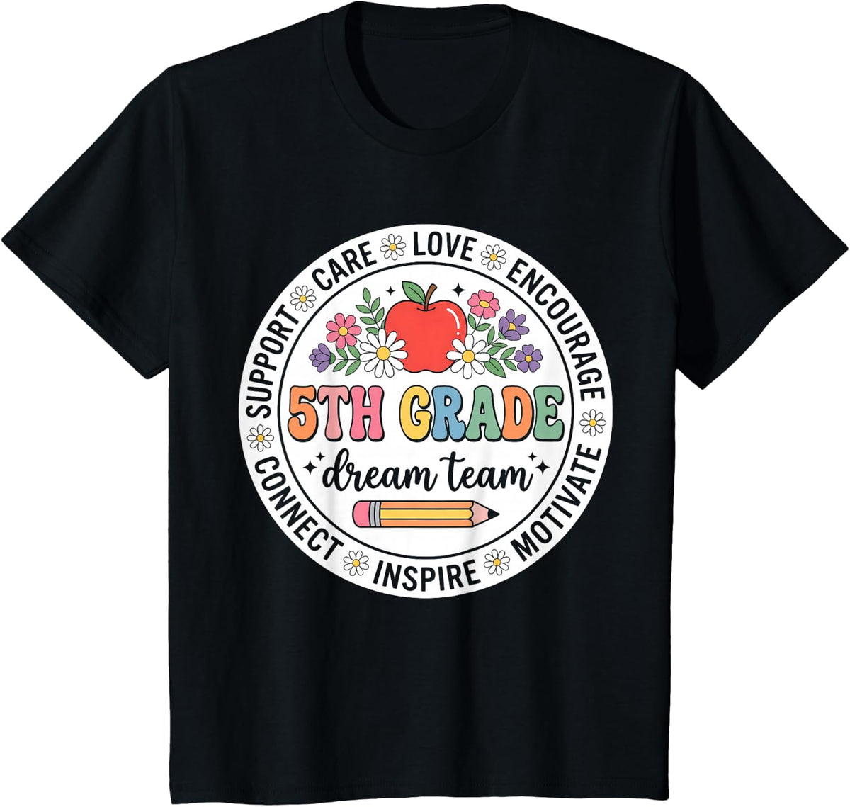 Retro 5th Grade Dream Team Back to School Teacher Floral T-Shirt - Black