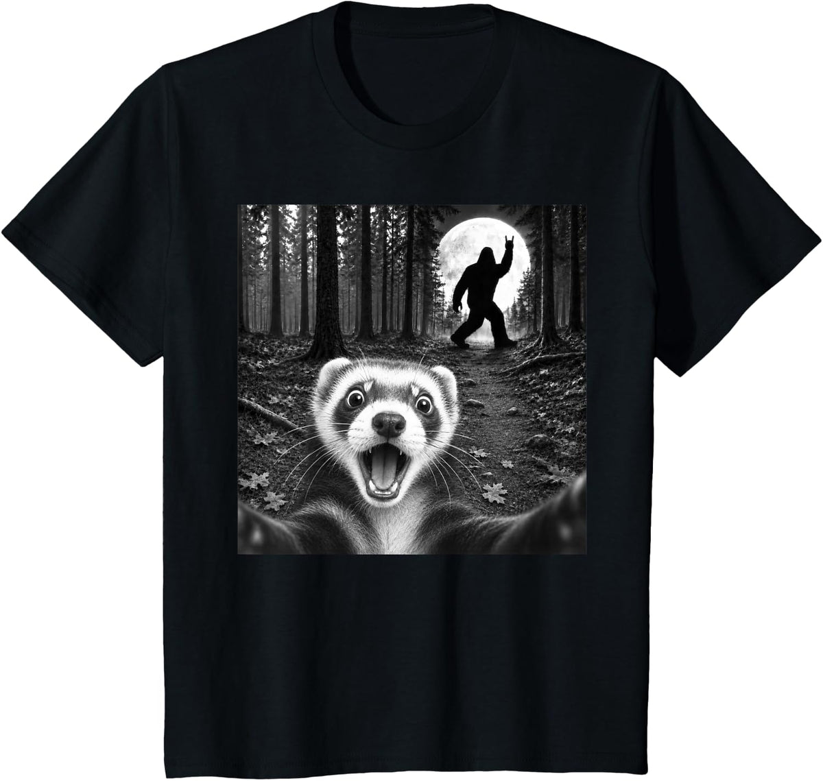 Ferret Selfie with Bigfoot Rock and Roll Sasquatch T-Shirt - Black