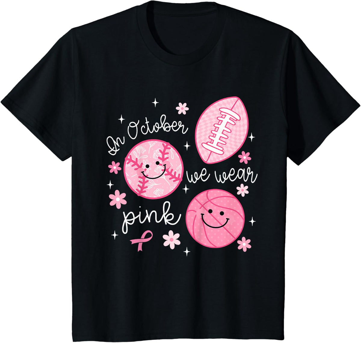in October We Wear Pink PE Teacher Breast Cancer Awareness T-Shirt - Black