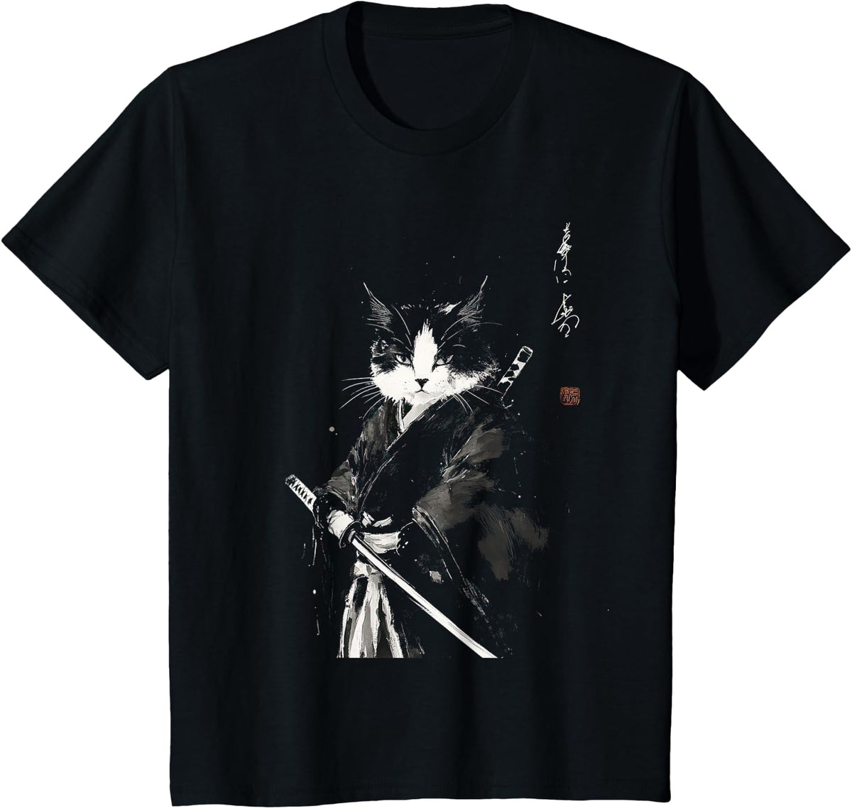 Vintage Samurai Cat Graphic Art Japanese Ukiyo-e T-Shirt - Black