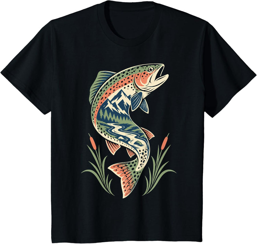 Rainbow Trout Mountain River Landscape Fly Fishing Fisherman T-Shirt - Black