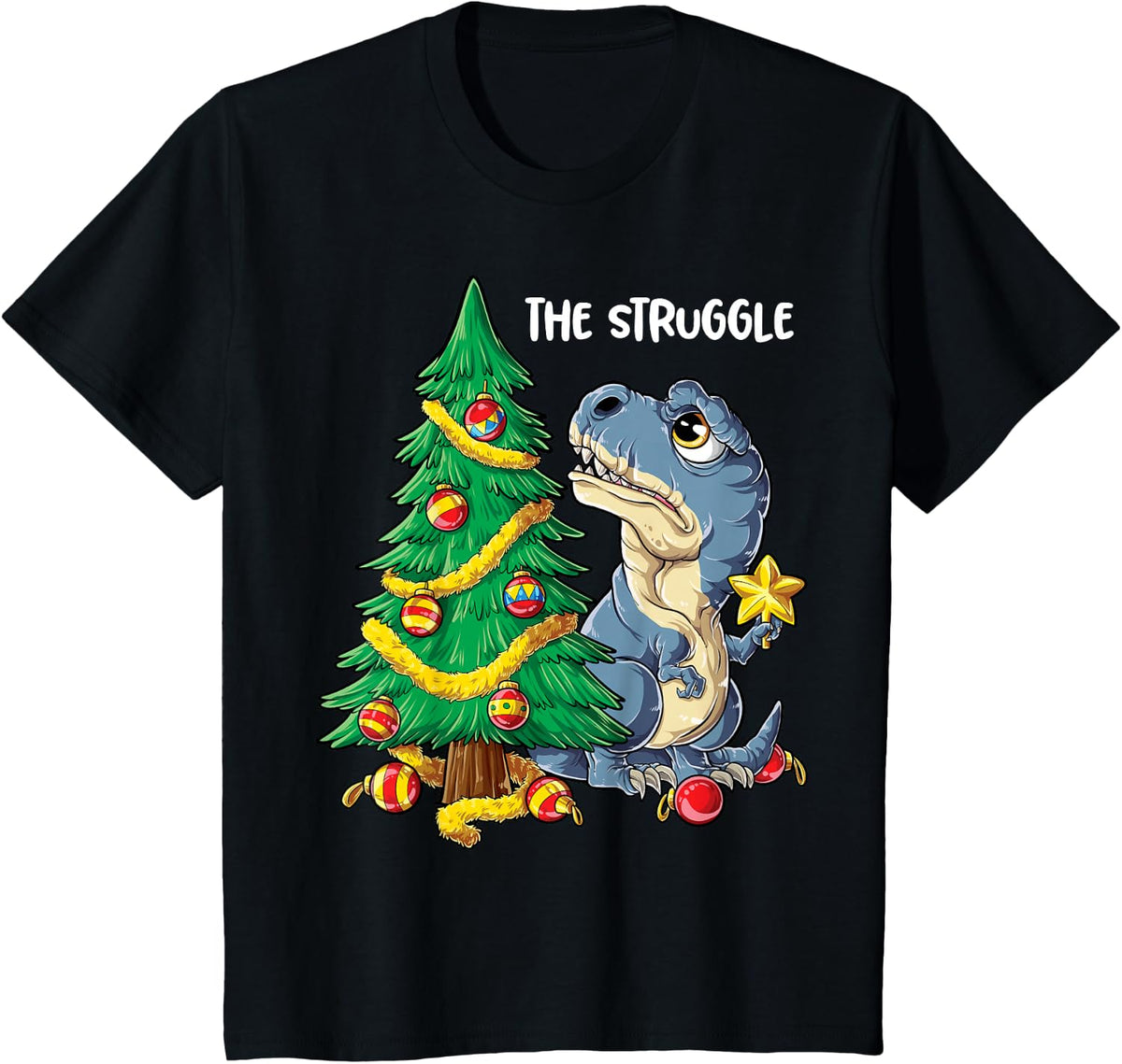Dinosaur Christmas Tree Rex The Struggle Boys Xmas Pyjamas T-Shirt - Black