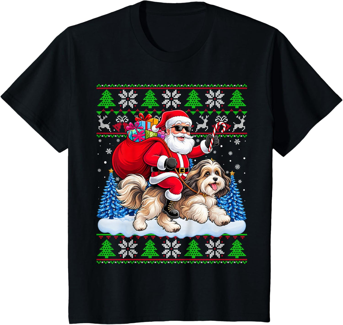 Ugly Christmas Santa Riding Havanese Kids Girls Boys Xmas T-Shirt - Black