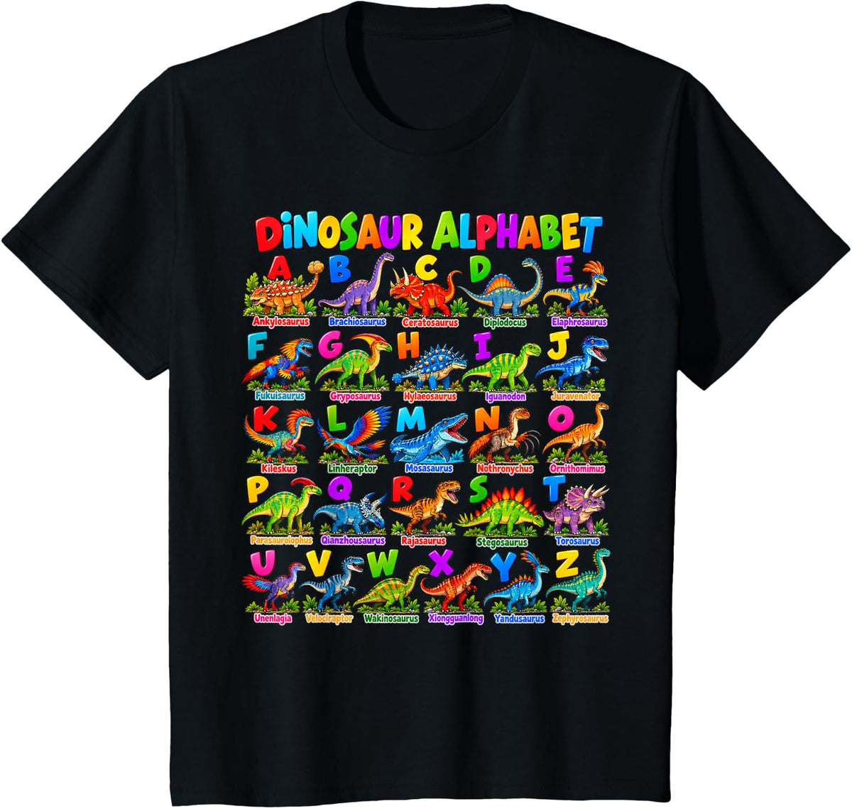 Types of Dinosaurs Alphabet ABC Dinosaur Names Prehistoric T-Shirt - Black