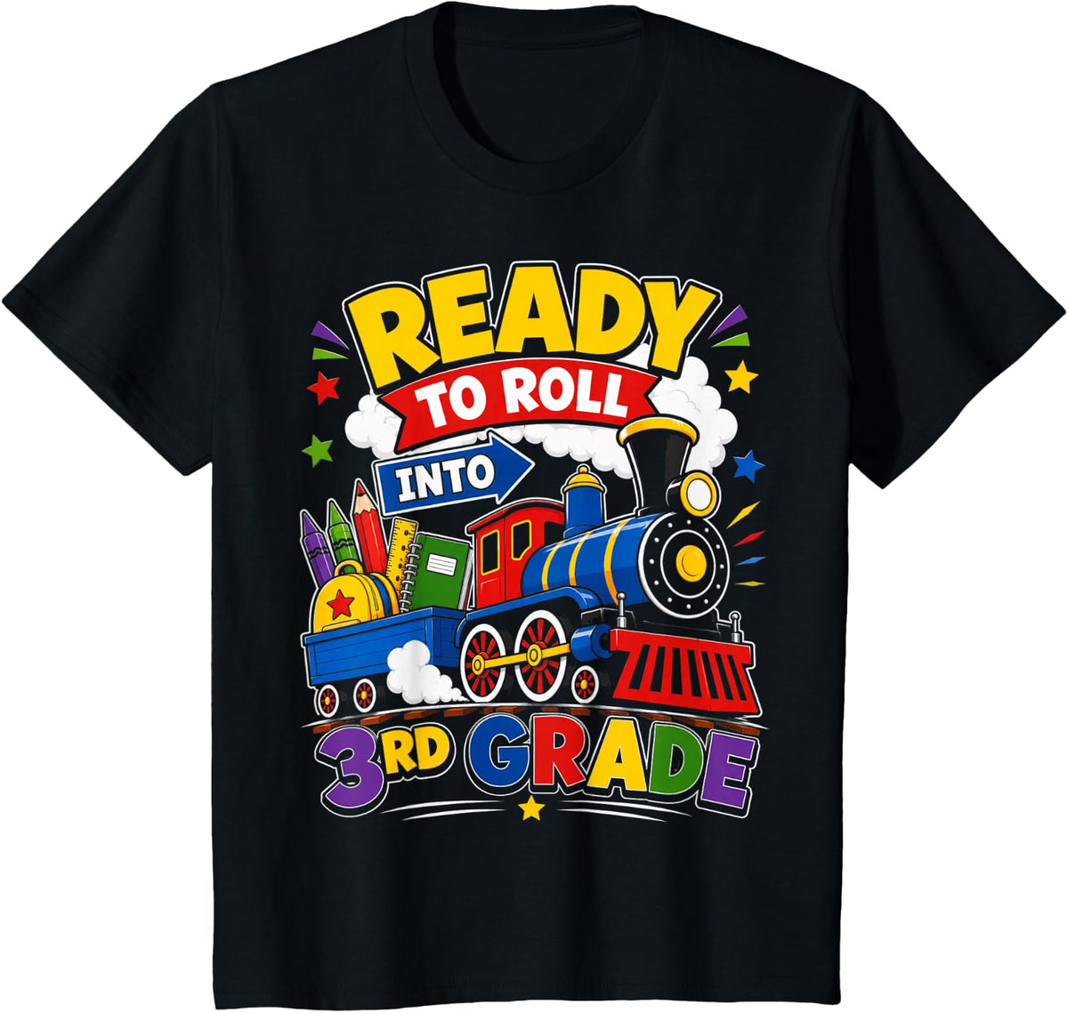 Ready to Roll Into 3rd Grade School Train Kids T-Shirt - Black