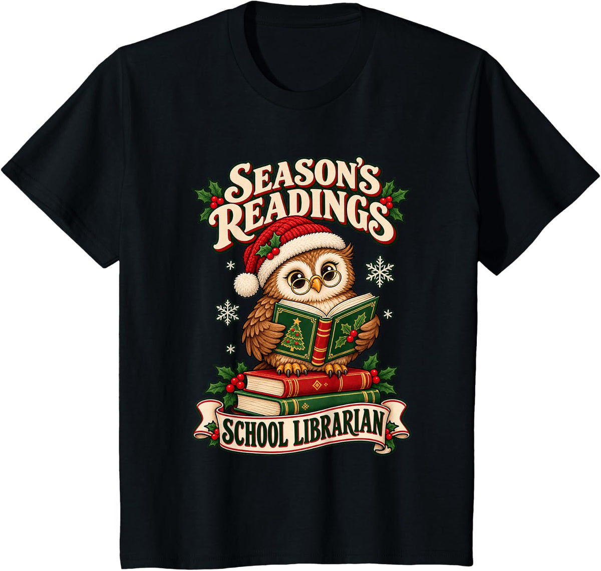 Season's Readings School Librarian Christmas Owl T-Shirt - Black
