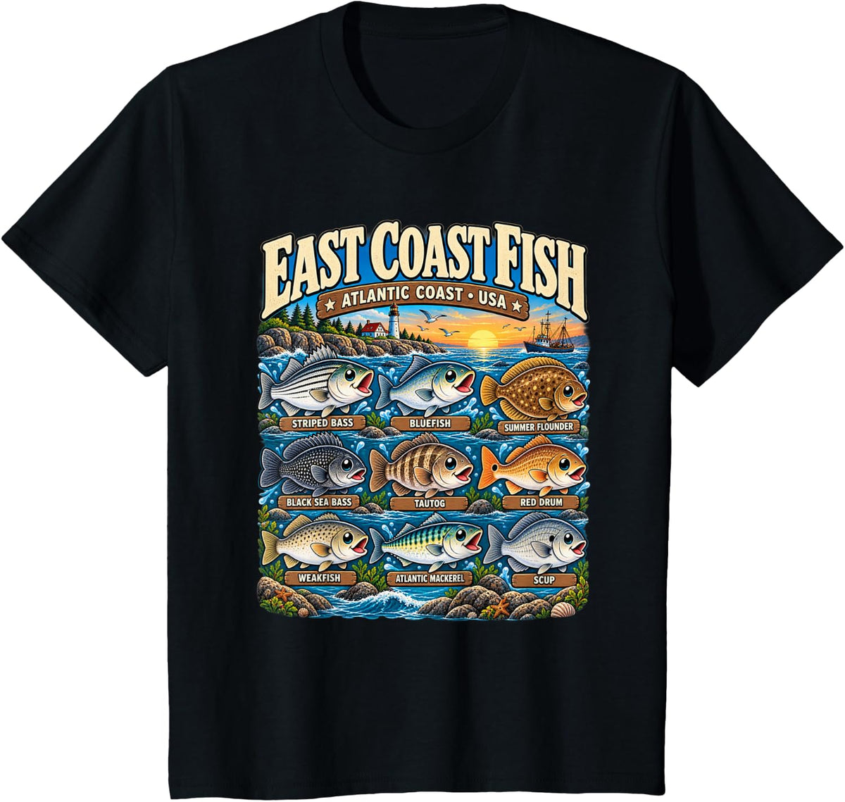 Cute East Coast Fish Atlantic Coast USA Saltwater Fishing T-Shirt - Black