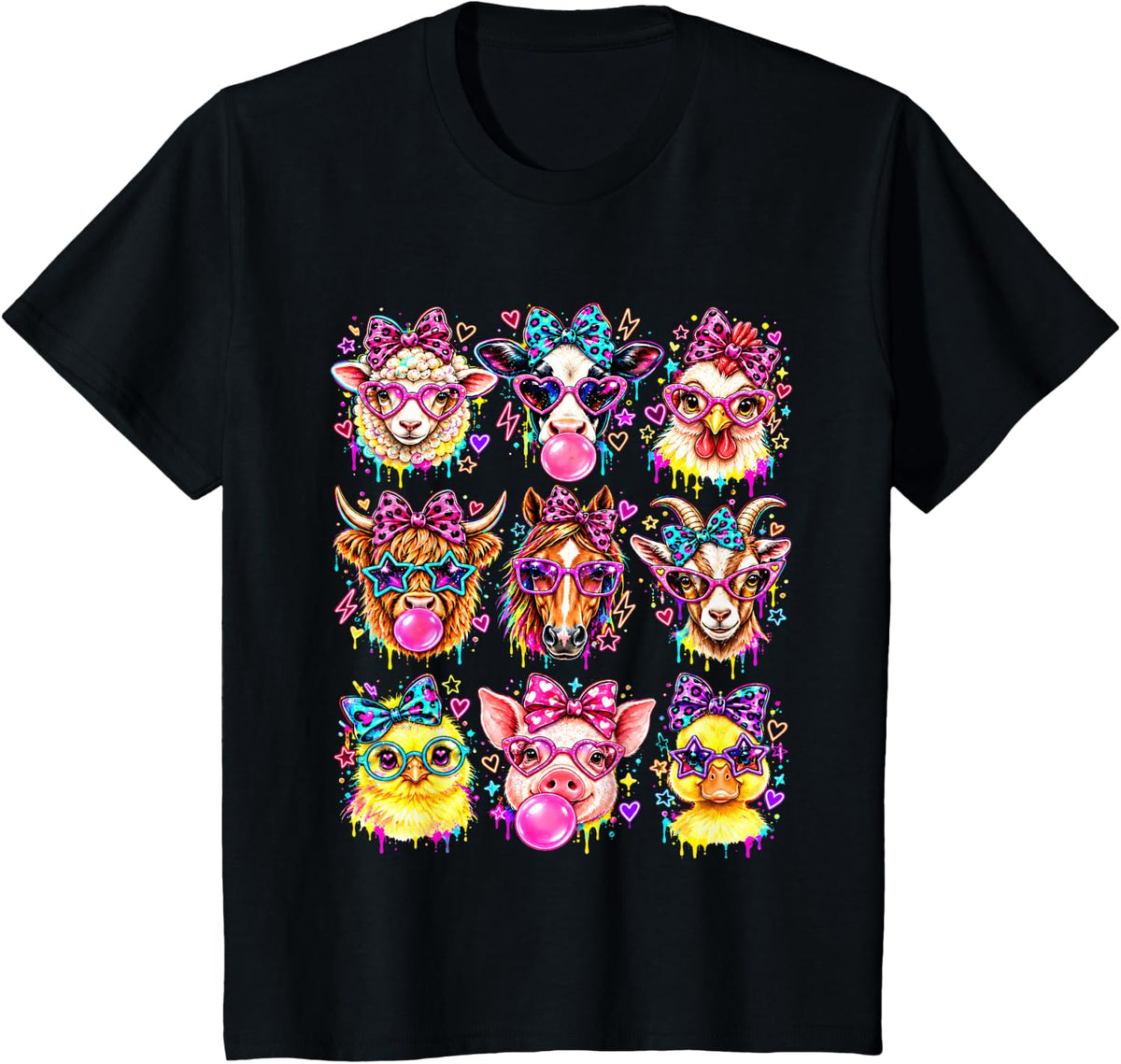 Cute Farm Animals Glasses Coquette Bow Bubblegum Women Girls T-Shirt - Black