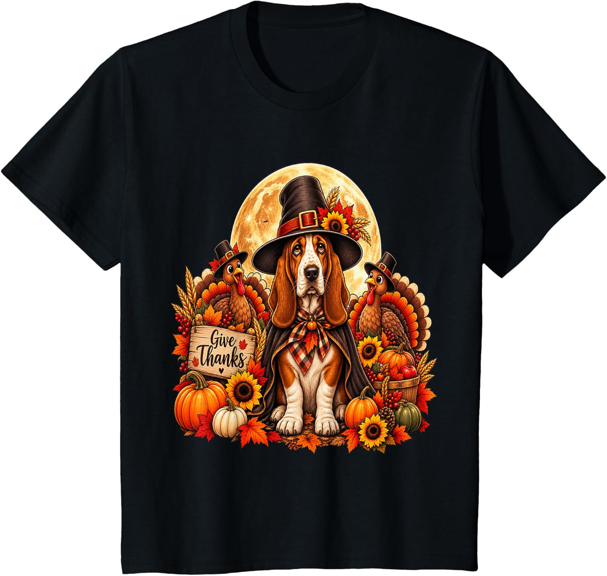 Gifts Fall Basset Hound Pilgrim Dog Thanksgiving T-Shirt - Black