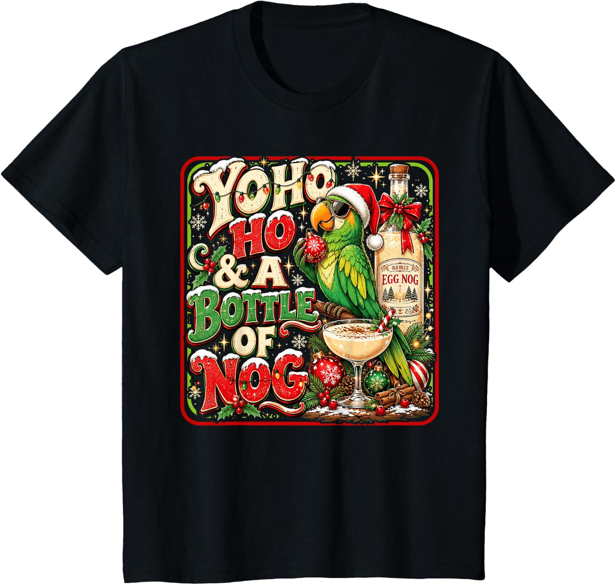 Funny Parrot Christmas Retro Pirate Holiday Eggnog Humor T-Shirt - Black