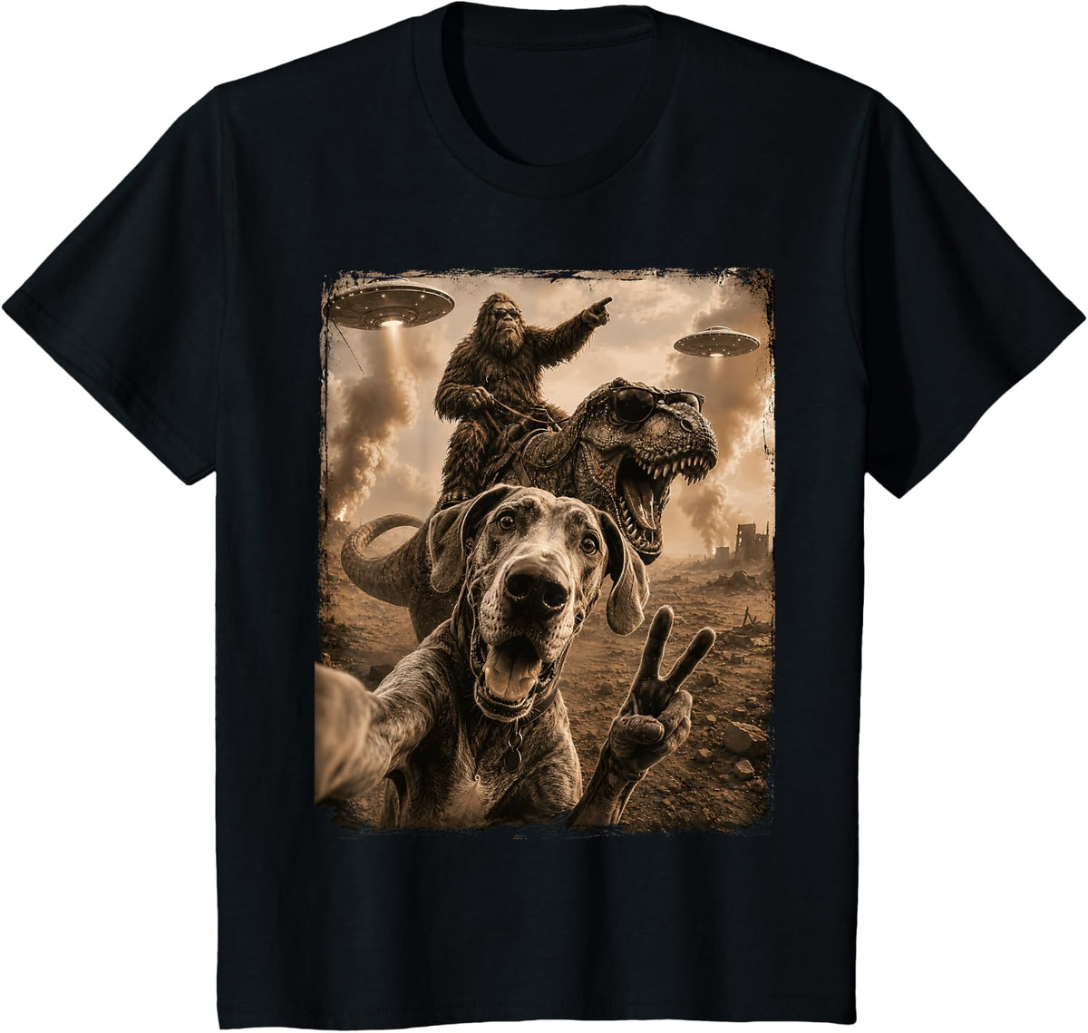 Great Dane Selfie Bigfoot T Rex UFO Funny Humor T-Shirt - Black