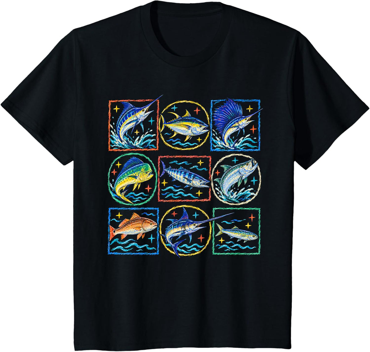 Crayon Style Saltwater Game Fish Collection Angler T-Shirt - Black