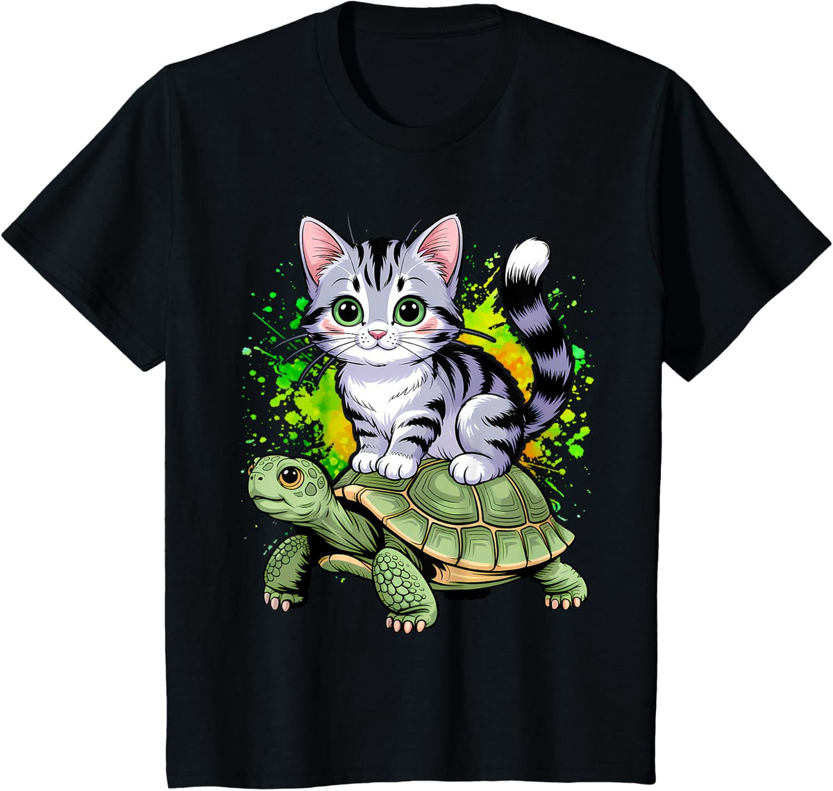 Cat Riding Turtle Lover T-Shirt Tee for Men Women Girls Kids - Black
