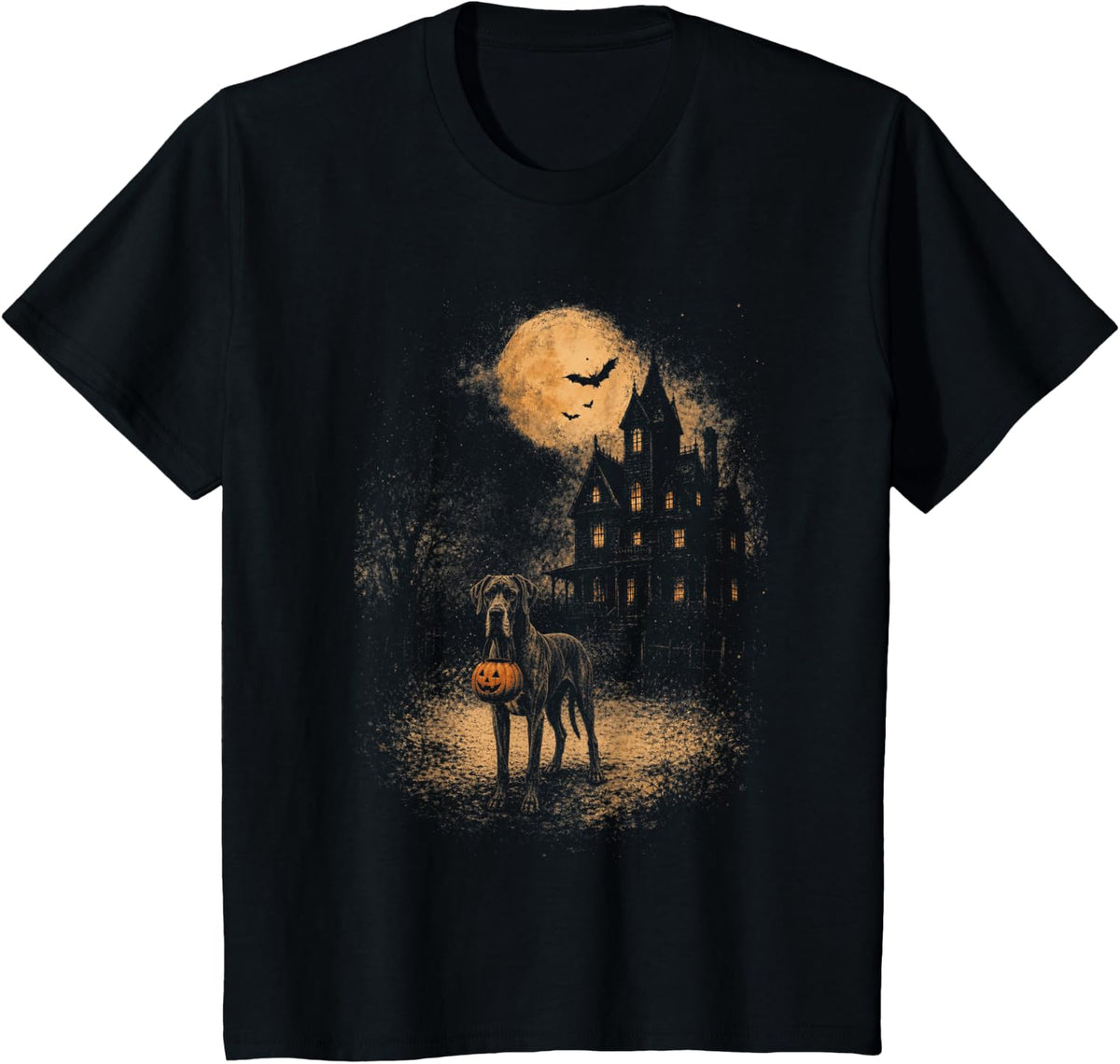 Vintage Great Dane Halloween Funny Dog Pumpkin Spooky Moon T-Shirt - Black