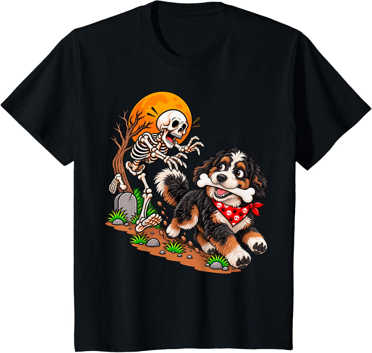 Bernedoodle Dog Stealing Bone from Skeleton Halloween T-Shirt - Black
