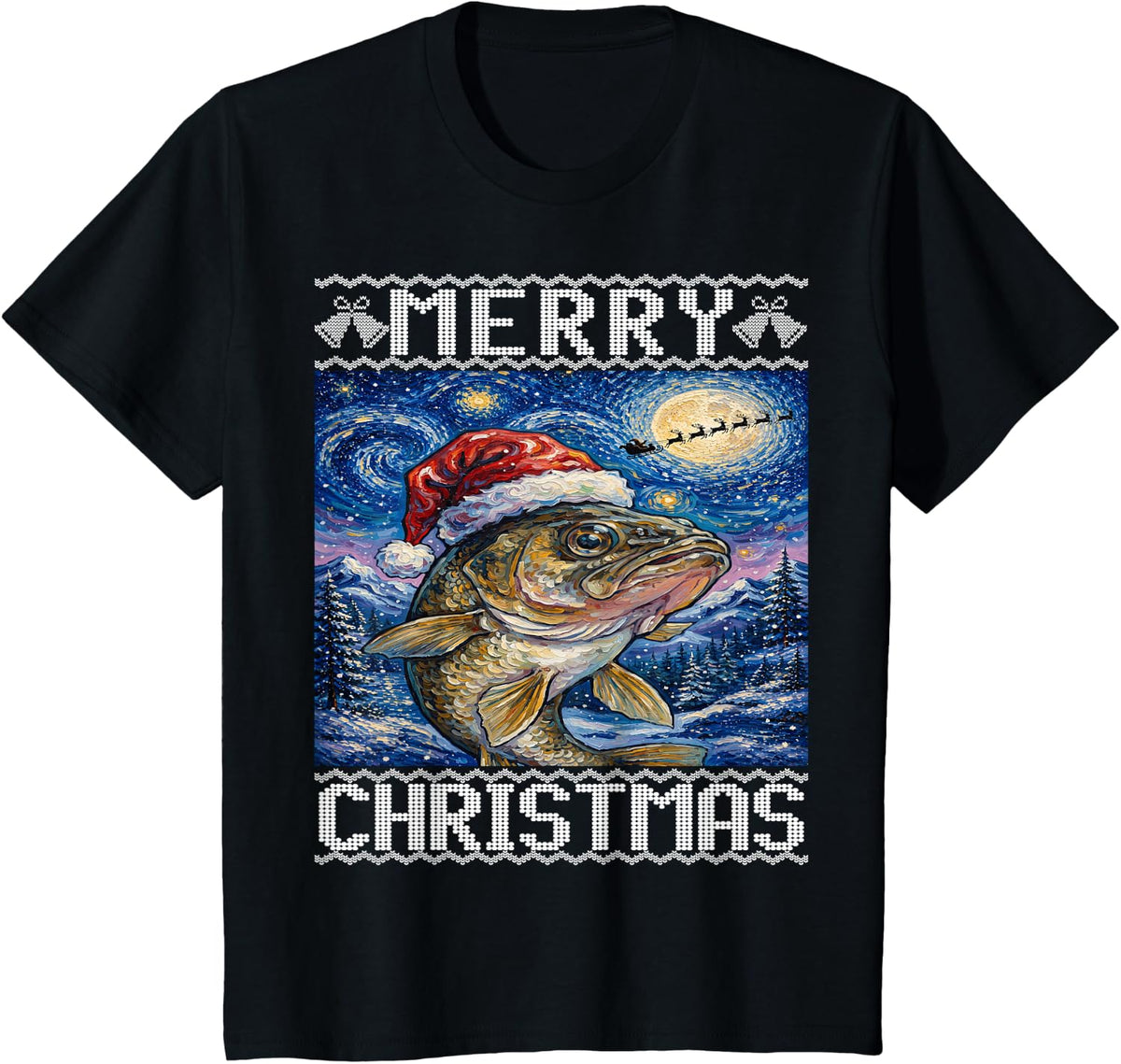 Walleye Fish Merry Christmas Ugly T-Shirt - Black